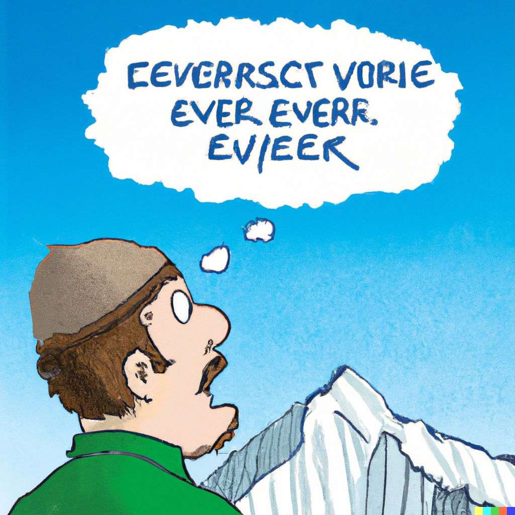 someone gazing at Mount Everest, cartoon